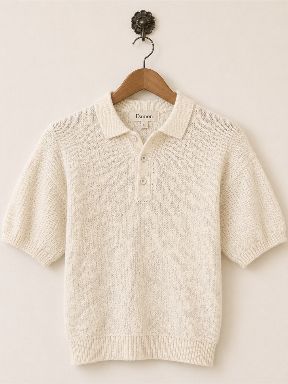 Damon vintage cream knit short sleeve collar shirt M